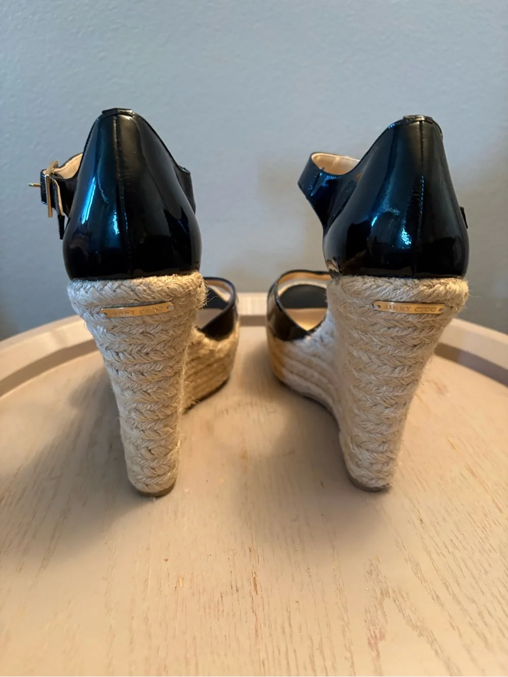 Jimmy Choo Black Patent Espadrille Wedge Sandals with Ankle Strap